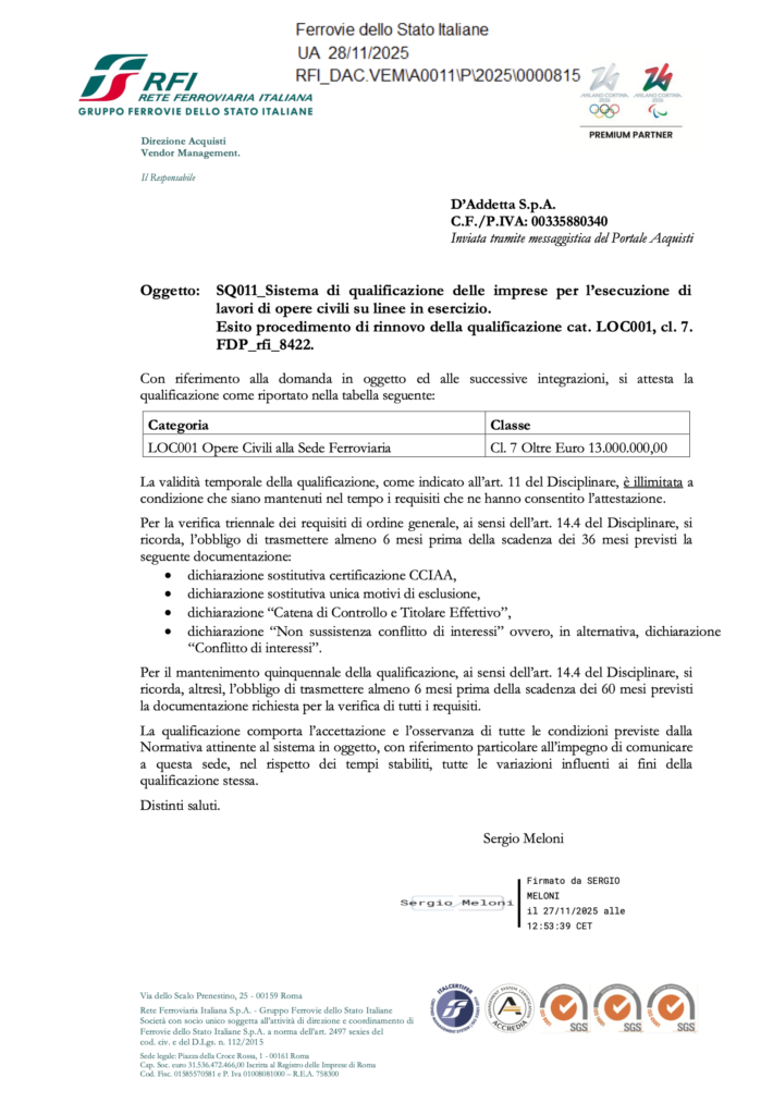 RFI SQ011 – Categoria LOC001 Opere Civili alla Sede Ferroviaria – Classe 7 (oltre € 13.000.000,00)